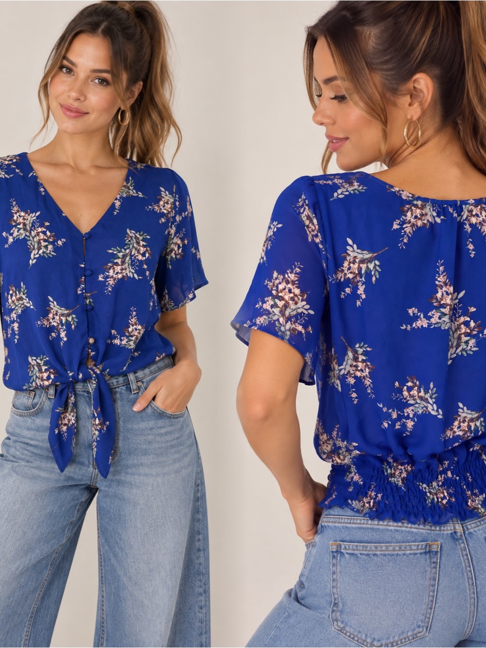 Sienna Sky Royal Blue Floral Tie-Front V-Neck Blouse